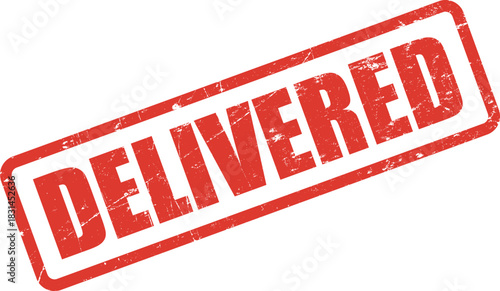 Red delivered stamp conveys a message of completion with its textured surface and bold color