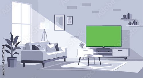 Minimalist living room interior design featuring a large television with a vibrant green screen for custom content display and natural light streaming through the window
