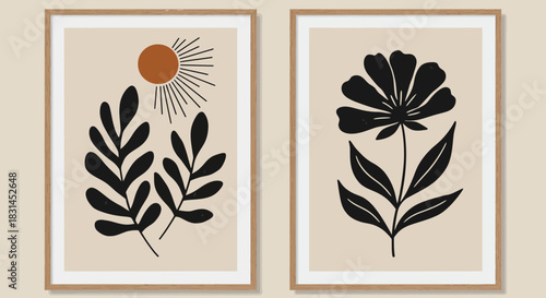 Minimalist abstract botanical wall art featuring a set of two framed prints with stylized black leaves, a flower, and a sun on a warm neutral background