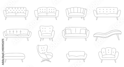 A diverse collection of modern and classic outline illustrations showcasing various types of sofas, armchairs, and ottomans, perfect for interior design and furniture-related projects
