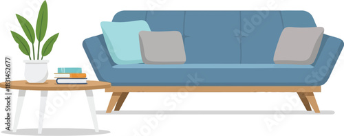 Minimalist illustration of a modern blue sofa with accent pillows next to a small wooden side table holding a potted plant and stacked books
