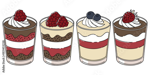 Delicious layered desserts with fresh berries and cream in clear glass cups