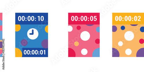 Colorful timers countdown with polka dot backgrounds in a playful design style
