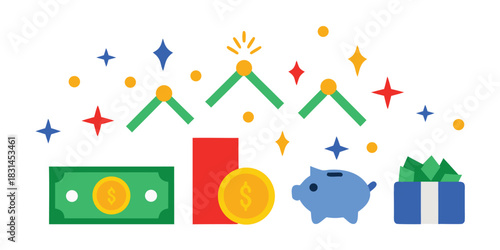 Colorful financial growth chart with money piggy bank and star decorations