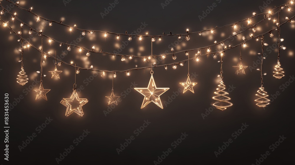Naklejka premium Festive Christmas String Lights with Stars and Ornaments
