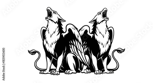 Three howling wolf heads intertwined with transparent background