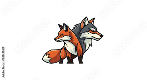 Two foxes duo stylized animal portrait with transparent background