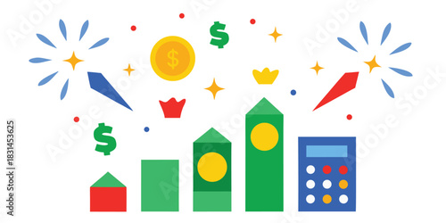 Financial growth chart with calculator and dollar signs celebrating success