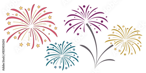 Colorful fireworks display with stars and bursts on a white background design
