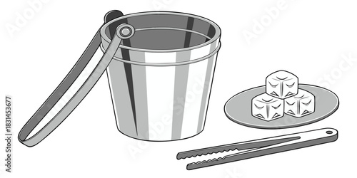 Ice bucket with tongs and ice cubes on a plate ready for serving drinks