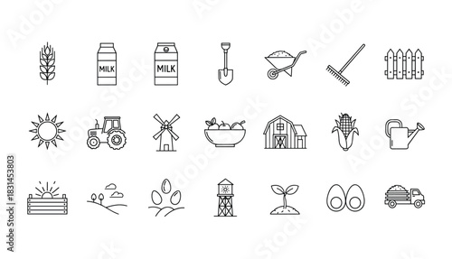 Collection of farming agriculture field vector linear elements and objects