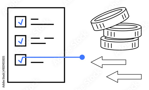 Checklist with marked tasks, stack of coins, and arrows showing transactional flow. Ideal for finance, task management, workflow, economy, planning trade and progress concepts. A simple flat