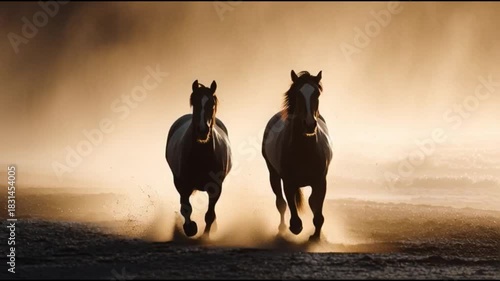 Two horses running towards the camera in a dusty field with a warm, golden light suitable for a dramatic scene.