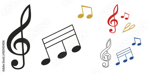 Colorful musical notes and clef symbols floating on a white background design