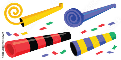 Colorful party horns and confetti scattered on a white background for celebration