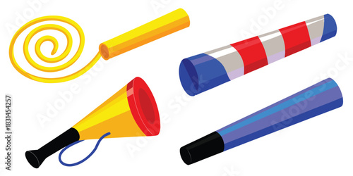 Assorted party noisemakers including horns and blowouts on a white background