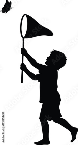 Young Boy Playing Outdoors Chasing Butterfly with a Net Black Vector Silhouette