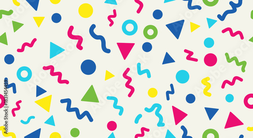 Abstract pattern of colorful geometric shapes and squiggles on a light background, perfect for party decorations or festive designs