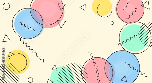 Abstract background with playful pastel geometric shapes. Features colorful circles, triangles, and squiggles on a light beige backdrop, perfect for modern graphic design and creative projects