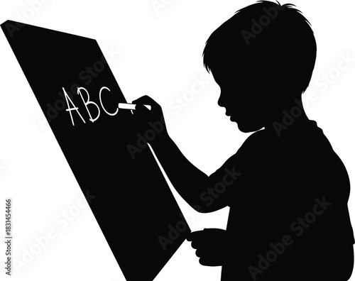 Young child student silhouette writing ABC letters on a school blackboard with chalk vector illustration