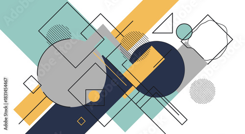 Modern abstract background with a dynamic composition of overlapping geometric shapes, including circles, squares, and lines in a stylish color palette