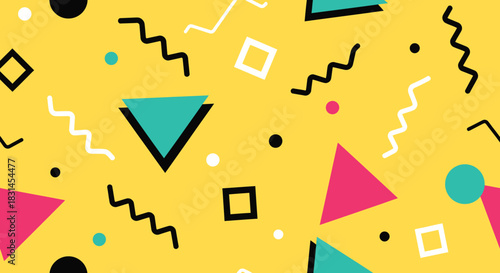 Retro Geometric Pattern with Triangles, Squares, and Zigzags on Yellow Background