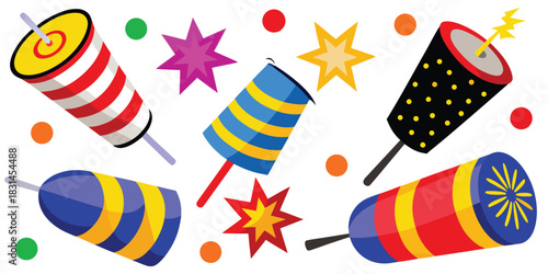 Colorful assortment of party poppers and confetti on a white background design