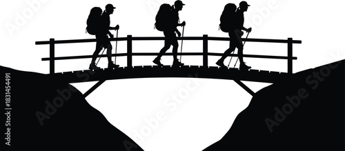 Group of Backpackers Trekkers Walking on Wooden Bridge Black Silhouette Against White Background Vector