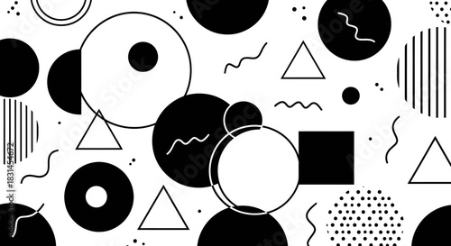 A dynamic and playful abstract background featuring a chaotic composition of monochrome geometric shapes like circles, triangles, and lines in a retro style