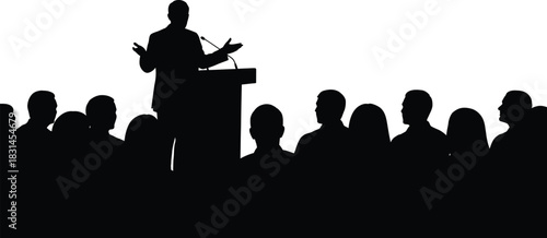 Speaker at Podium Addressing Audience Crowd Silhouette Black and White Vector