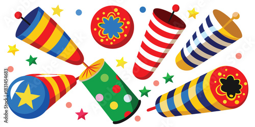Festive assortment of colorful firecrackers and stars for celebration designs