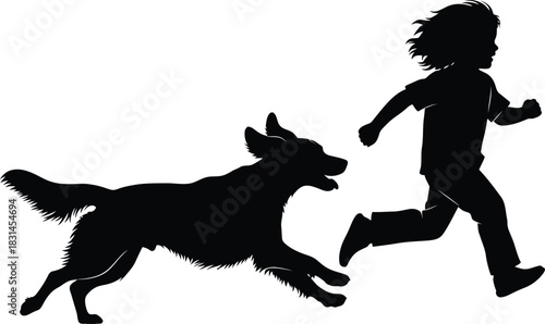 Child and Dog Running Silhouette Vector Illustration