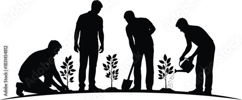 Group of people planting young trees and watering saplings silhouette vector illustration for nature conservation and gardening