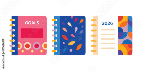 Colorful 2026 planners and notebooks for goal setting and organization design