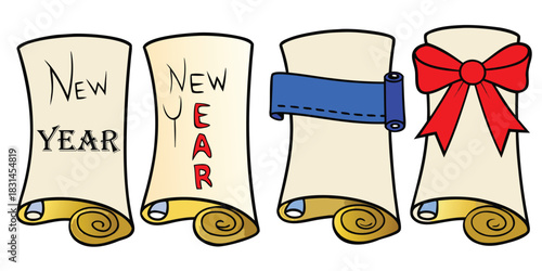 Four scrolls with new year greetings and decorations for holiday celebrations