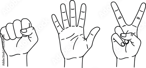 Line Art Illustration of Rock, Paper, Scissors Hand Gestures in Minimal Style