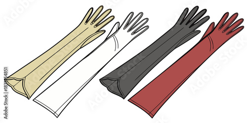 Elegant long gloves in various colors displayed on a white background vector
