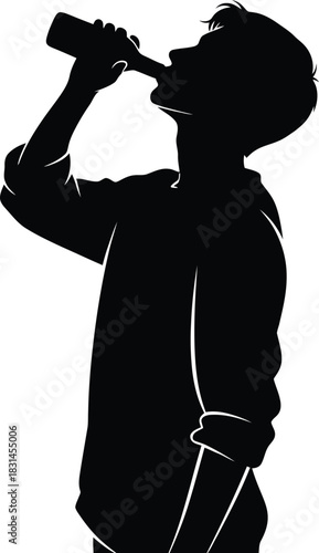 Young Man Drinking from Bottle Silhouette Vector Illustration Black and White Graphic Design Element