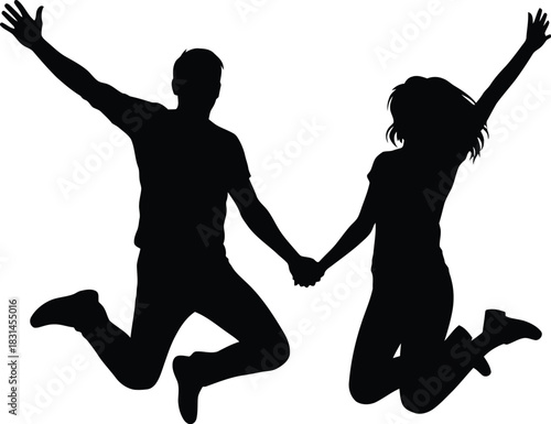 Happy couple jumping and holding hands silhouette vector illustration of joy and freedom
