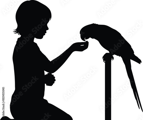 Black silhouette vector of a young person feeding an exotic parrot macaw on a perch icon