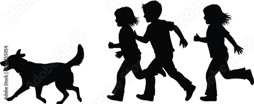 Children and dog running silhouette black and white graphic vector illustration