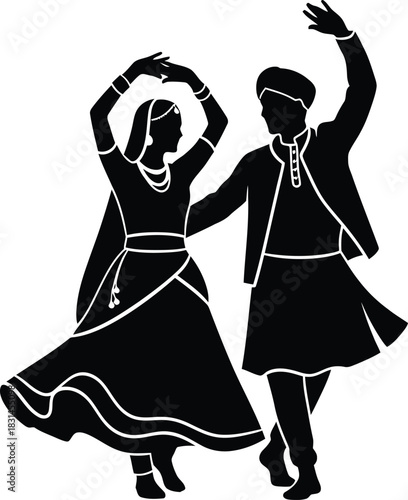 Indian Traditional Folk Dance Couple Silhouette Vector Illustration Black and White