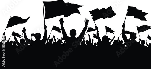 Silhouette of a crowd waving flags and raising hands Black and white vector illustration of political protest or mass event demonstration