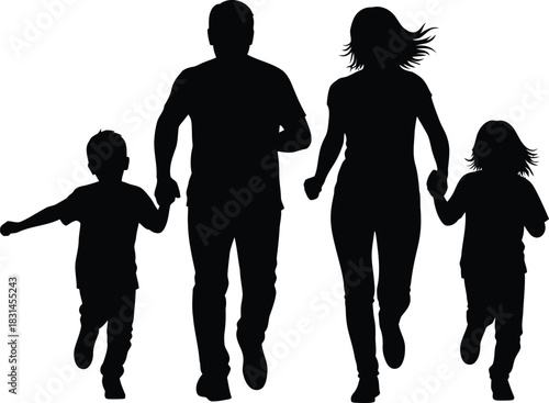 Family Running Silhouette Parents Holding Childrens Hands Black Vector Graphic of Active People Moving Fast