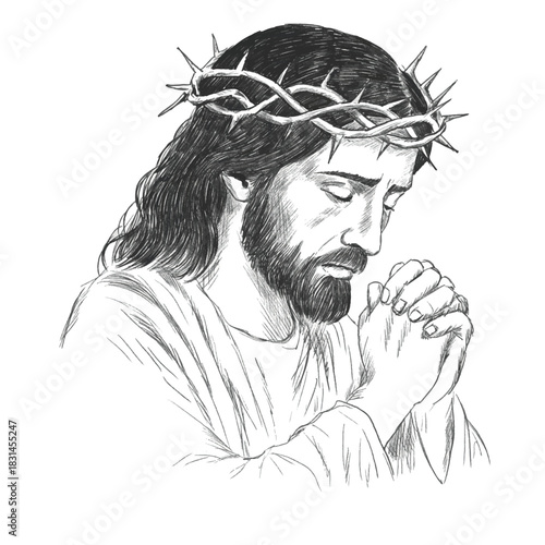 Jesus Christ praying with folded hands, crown of thorns Hand drawn pencil sketch. Spiritual portrait in classic artistic style, for religious projects, prints, editorial use. Vector