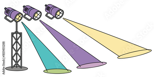 Colorful spotlights shining brightly on a stage creating a vibrant atmosphere