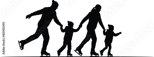 Family ice skating silhouette Parents holding hands with children learning to skate Winter sport activity vector graphic