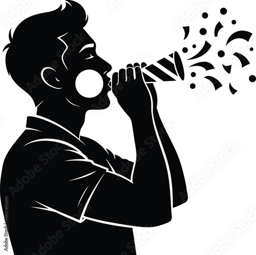 Black and White Silhouette of a Man Blowing a Party Popper with Confetti Vector Icon for Celebration and Success Events