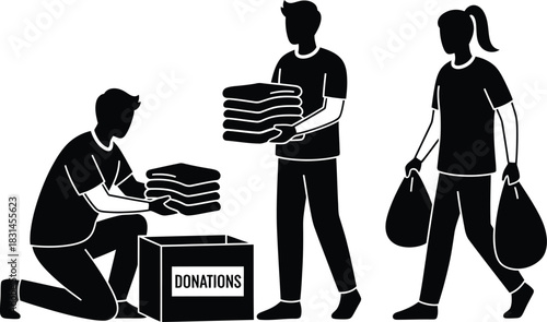 People Donating Clothes Silhouette Vector Illustration for Charity and Volunteering