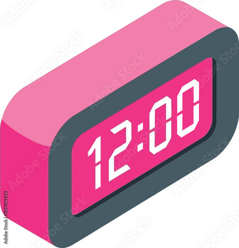 A vibrant pink isometric digital alarm clock displaying the time as twelve o'clock. This vector graphic illustration represents time management, schedules, and deadlines